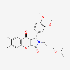 molecular formula C27H31NO6 B11124354 1-(3,4-Dimethoxyphenyl)-6,7-dimethyl-2-[3-(propan-2-yloxy)propyl]-1,2-dihydrochromeno[2,3-c]pyrrole-3,9-dione 