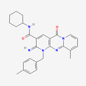 molecular formula C27H29N5O2 B11124820 N-cyclohexyl-6-imino-11-methyl-7-[(4-methylphenyl)methyl]-2-oxo-1,7,9-triazatricyclo[8.4.0.0^{3,8}]tetradeca-3(8),4,9,11,13-pentaene-5-carboxamide 