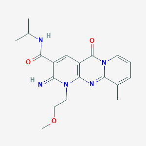 molecular formula C19H23N5O3 B11125872 6-imino-7-(2-methoxyethyl)-11-methyl-2-oxo-N-(propan-2-yl)-1,7,9-triazatricyclo[8.4.0.0^{3,8}]tetradeca-3(8),4,9,11,13-pentaene-5-carboxamide 