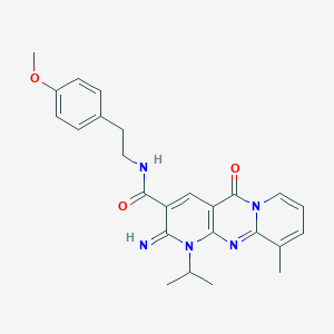 molecular formula C25H27N5O3 B11126180 6-imino-N-[2-(4-methoxyphenyl)ethyl]-11-methyl-2-oxo-7-propan-2-yl-1,7,9-triazatricyclo[8.4.0.03,8]tetradeca-3(8),4,9,11,13-pentaene-5-carboxamide 