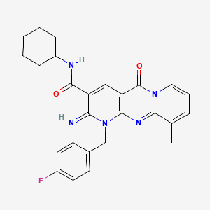 molecular formula C26H26FN5O2 B11126648 N-cyclohexyl-7-[(4-fluorophenyl)methyl]-6-imino-11-methyl-2-oxo-1,7,9-triazatricyclo[8.4.0.03,8]tetradeca-3(8),4,9,11,13-pentaene-5-carboxamide 