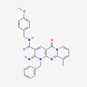 molecular formula C28H25N5O3 B11127237 7-benzyl-6-imino-N-[(4-methoxyphenyl)methyl]-11-methyl-2-oxo-1,7,9-triazatricyclo[8.4.0.03,8]tetradeca-3(8),4,9,11,13-pentaene-5-carboxamide 