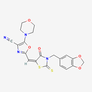 molecular formula C20H16N4O5S2 B11128690 2-{(E)-[3-(1,3-benzodioxol-5-ylmethyl)-4-oxo-2-thioxo-1,3-thiazolidin-5-ylidene]methyl}-5-(morpholin-4-yl)-1,3-oxazole-4-carbonitrile 