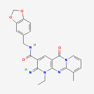 molecular formula C23H21N5O4 B11128763 N-(1,3-benzodioxol-5-ylmethyl)-7-ethyl-6-imino-11-methyl-2-oxo-1,7,9-triazatricyclo[8.4.0.03,8]tetradeca-3(8),4,9,11,13-pentaene-5-carboxamide 