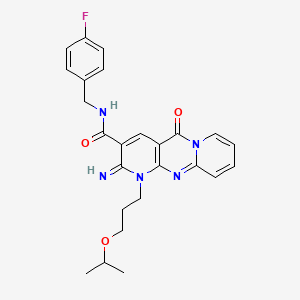 N-[(4-fluorophenyl)methyl]-6-imino-2-oxo-7-(3-propan-2-yloxypropyl)-1,7,9-triazatricyclo[8.4.0.03,8]tetradeca-3(8),4,9,11,13-pentaene-5-carboxamide