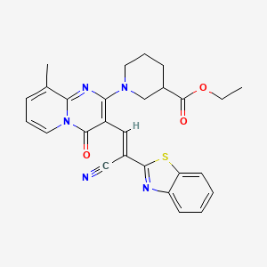 molecular formula C27H25N5O3S B11130358 ethyl 1-{3-[(E)-2-(1,3-benzothiazol-2-yl)-2-cyanoethenyl]-9-methyl-4-oxo-4H-pyrido[1,2-a]pyrimidin-2-yl}piperidine-3-carboxylate 