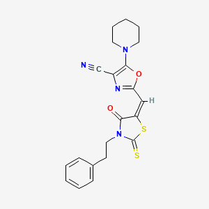 molecular formula C21H20N4O2S2 B11130632 2-{(E)-[4-oxo-3-(2-phenylethyl)-2-thioxo-1,3-thiazolidin-5-ylidene]methyl}-5-(piperidin-1-yl)-1,3-oxazole-4-carbonitrile 