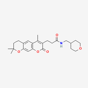 molecular formula C24H31NO5 B11130653 N-(tetrahydro-2H-pyran-4-ylmethyl)-3-(4,8,8-trimethyl-2-oxo-7,8-dihydro-2H,6H-pyrano[3,2-g]chromen-3-yl)propanamide 