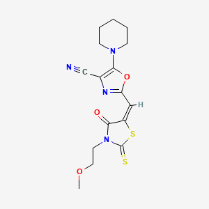 molecular formula C16H18N4O3S2 B11130711 2-{(E)-[3-(2-methoxyethyl)-4-oxo-2-thioxo-1,3-thiazolidin-5-ylidene]methyl}-5-(piperidin-1-yl)-1,3-oxazole-4-carbonitrile 