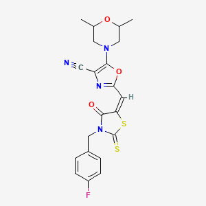 molecular formula C21H19FN4O3S2 B11131249 5-(2,6-dimethylmorpholin-4-yl)-2-{(E)-[3-(4-fluorobenzyl)-4-oxo-2-thioxo-1,3-thiazolidin-5-ylidene]methyl}-1,3-oxazole-4-carbonitrile 