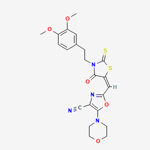 molecular formula C22H22N4O5S2 B11131886 2-[(E)-{3-[2-(3,4-dimethoxyphenyl)ethyl]-4-oxo-2-thioxo-1,3-thiazolidin-5-ylidene}methyl]-5-(morpholin-4-yl)-1,3-oxazole-4-carbonitrile 