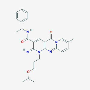 6-imino-13-methyl-2-oxo-N-(1-phenylethyl)-7-[3-(propan-2-yloxy)propyl]-1,7,9-triazatricyclo[8.4.0.0^{3,8}]tetradeca-3(8),4,9,11,13-pentaene-5-carboxamide