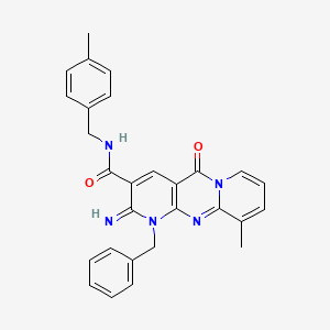 molecular formula C28H25N5O2 B11133010 7-benzyl-6-imino-11-methyl-N-[(4-methylphenyl)methyl]-2-oxo-1,7,9-triazatricyclo[8.4.0.03,8]tetradeca-3(8),4,9,11,13-pentaene-5-carboxamide 