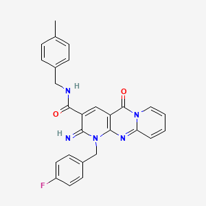 molecular formula C27H22FN5O2 B11133526 7-[(4-fluorophenyl)methyl]-6-imino-N-[(4-methylphenyl)methyl]-2-oxo-1,7,9-triazatricyclo[8.4.0.0^{3,8}]tetradeca-3(8),4,9,11,13-pentaene-5-carboxamide 