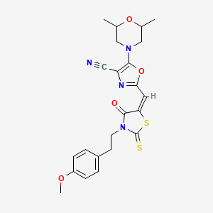 molecular formula C23H24N4O4S2 B11134460 5-(2,6-dimethylmorpholin-4-yl)-2-[(E)-{3-[2-(4-methoxyphenyl)ethyl]-4-oxo-2-thioxo-1,3-thiazolidin-5-ylidene}methyl]-1,3-oxazole-4-carbonitrile 