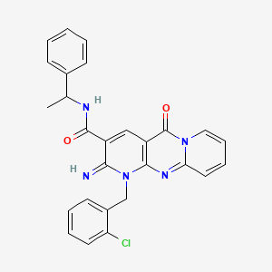 molecular formula C27H22ClN5O2 B11135028 7-[(2-chlorophenyl)methyl]-6-imino-2-oxo-N-(1-phenylethyl)-1,7,9-triazatricyclo[8.4.0.03,8]tetradeca-3(8),4,9,11,13-pentaene-5-carboxamide 