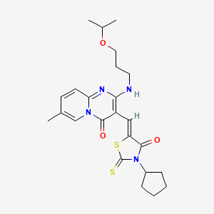 molecular formula C24H30N4O3S2 B11135055 3-[(Z)-(3-cyclopentyl-4-oxo-2-thioxo-1,3-thiazolidin-5-ylidene)methyl]-7-methyl-2-{[3-(propan-2-yloxy)propyl]amino}-4H-pyrido[1,2-a]pyrimidin-4-one 