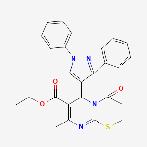 molecular formula C26H24N4O3S B11136622 ethyl 6-(1,3-diphenyl-1H-pyrazol-4-yl)-8-methyl-4-oxo-3,4-dihydro-2H,6H-pyrimido[2,1-b][1,3]thiazine-7-carboxylate 