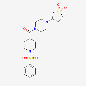 molecular formula C20H29N3O5S2 B11136828 (4-(1,1-Dioxidotetrahydrothiophen-3-yl)piperazin-1-yl)(1-(phenylsulfonyl)piperidin-4-yl)methanone 