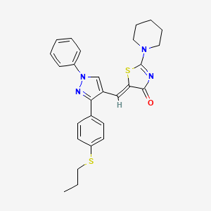 5-((Z)-1-{1-phenyl-3-[4-(propylsulfanyl)phenyl]-1H-pyrazol-4-yl}methylidene)-2-piperidino-1,3-thiazol-4-one