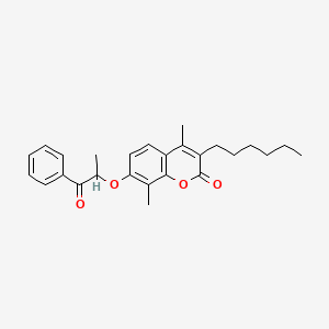 molecular formula C26H30O4 B11139107 3-hexyl-4,8-dimethyl-7-(1-methyl-2-oxo-2-phenylethoxy)-2H-chromen-2-one 