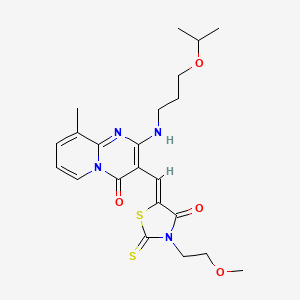 molecular formula C22H28N4O4S2 B11139308 3-{(Z)-[3-(2-methoxyethyl)-4-oxo-2-thioxo-1,3-thiazolidin-5-ylidene]methyl}-9-methyl-2-{[3-(propan-2-yloxy)propyl]amino}-4H-pyrido[1,2-a]pyrimidin-4-one 