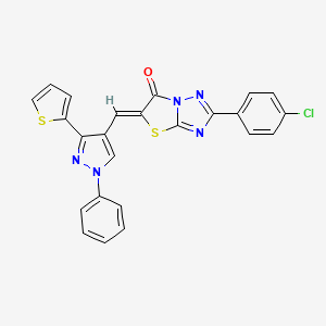 molecular formula C24H14ClN5OS2 B11139740 (5Z)-2-(4-chlorophenyl)-5-{[1-phenyl-3-(thiophen-2-yl)-1H-pyrazol-4-yl]methylidene}[1,3]thiazolo[3,2-b][1,2,4]triazol-6(5H)-one 