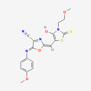 molecular formula C18H16N4O4S2 B11142236 2-{(E)-[3-(2-methoxyethyl)-4-oxo-2-thioxo-1,3-thiazolidin-5-ylidene]methyl}-5-[(4-methoxyphenyl)amino]-1,3-oxazole-4-carbonitrile 