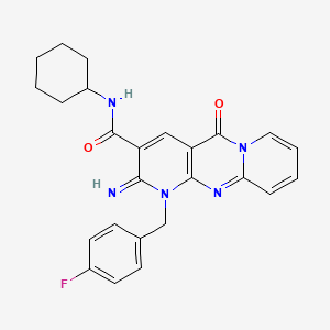 molecular formula C25H24FN5O2 B11142346 N-cyclohexyl-7-[(4-fluorophenyl)methyl]-6-imino-2-oxo-1,7,9-triazatricyclo[8.4.0.03,8]tetradeca-3(8),4,9,11,13-pentaene-5-carboxamide 