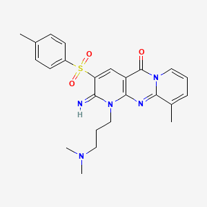 molecular formula C24H27N5O3S B11142503 7-[3-(Dimethylamino)propyl]-6-imino-11-methyl-5-(4-methylbenzenesulfonyl)-1,7,9-triazatricyclo[8.4.0.0^{3,8}]tetradeca-3(8),4,9,11,13-pentaen-2-one 