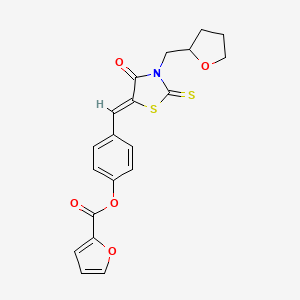 molecular formula C20H17NO5S2 B11144544 4-{(Z)-[4-oxo-3-(tetrahydrofuran-2-ylmethyl)-2-thioxo-1,3-thiazolidin-5-ylidene]methyl}phenyl furan-2-carboxylate 