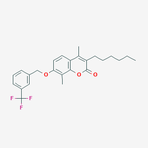 molecular formula C25H27F3O3 B11145351 3-hexyl-4,8-dimethyl-7-{[3-(trifluoromethyl)benzyl]oxy}-2H-chromen-2-one 