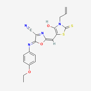 molecular formula C19H16N4O3S2 B11145838 5-[(4-ethoxyphenyl)amino]-2-{(E)-[4-oxo-3-(prop-2-en-1-yl)-2-thioxo-1,3-thiazolidin-5-ylidene]methyl}-1,3-oxazole-4-carbonitrile 