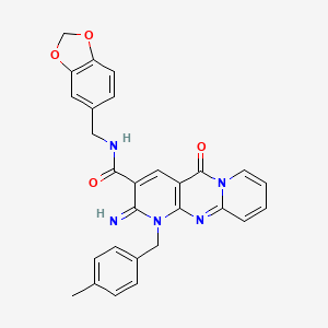 N-(1,3-benzodioxol-5-ylmethyl)-6-imino-7-[(4-methylphenyl)methyl]-2-oxo-1,7,9-triazatricyclo[8.4.0.03,8]tetradeca-3(8),4,9,11,13-pentaene-5-carboxamide