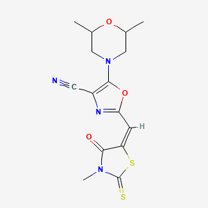 5-(2,6-dimethylmorpholin-4-yl)-2-[(E)-(3-methyl-4-oxo-2-thioxo-1,3-thiazolidin-5-ylidene)methyl]-1,3-oxazole-4-carbonitrile