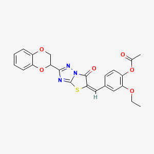 molecular formula C23H19N3O6S B11146180 4-{(E)-[2-(2,3-dihydro-1,4-benzodioxin-2-yl)-6-oxo[1,3]thiazolo[3,2-b][1,2,4]triazol-5(6H)-ylidene]methyl}-2-ethoxyphenyl acetate 