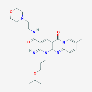 molecular formula C25H34N6O4 B11146190 6-imino-13-methyl-N-(2-morpholin-4-ylethyl)-2-oxo-7-(3-propan-2-yloxypropyl)-1,7,9-triazatricyclo[8.4.0.03,8]tetradeca-3(8),4,9,11,13-pentaene-5-carboxamide 