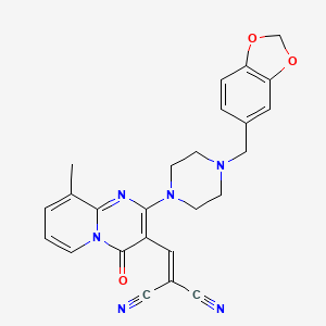 molecular formula C25H22N6O3 B11146421 ({2-[4-(1,3-benzodioxol-5-ylmethyl)piperazin-1-yl]-9-methyl-4-oxo-4H-pyrido[1,2-a]pyrimidin-3-yl}methylidene)propanedinitrile 