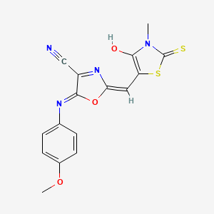 molecular formula C16H12N4O3S2 B11147077 5-[(4-methoxyphenyl)amino]-2-[(E)-(3-methyl-4-oxo-2-thioxo-1,3-thiazolidin-5-ylidene)methyl]-1,3-oxazole-4-carbonitrile 