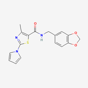 molecular formula C17H15N3O3S B11147131 N-(1,3-benzodioxol-5-ylmethyl)-4-methyl-2-(1H-pyrrol-1-yl)-1,3-thiazole-5-carboxamide 