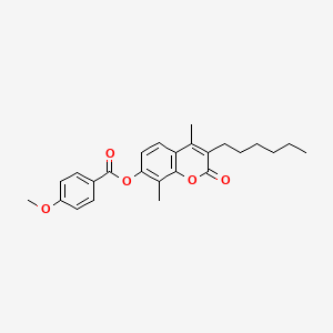 molecular formula C25H28O5 B11147305 3-hexyl-4,8-dimethyl-2-oxo-2H-chromen-7-yl 4-methoxybenzoate 