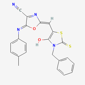 molecular formula C22H16N4O2S2 B11147322 2-[(Z)-(3-benzyl-4-oxo-2-thioxo-1,3-thiazolidin-5-ylidene)methyl]-5-[(4-methylphenyl)amino]-1,3-oxazole-4-carbonitrile 