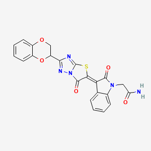 molecular formula C22H15N5O5S B11147483 2-{(3Z)-3-[2-(2,3-dihydro-1,4-benzodioxin-2-yl)-6-oxo[1,3]thiazolo[3,2-b][1,2,4]triazol-5(6H)-ylidene]-2-oxo-2,3-dihydro-1H-indol-1-yl}acetamide 