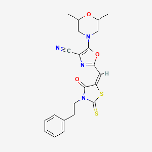 molecular formula C22H22N4O3S2 B11147892 5-(2,6-dimethylmorpholin-4-yl)-2-{(E)-[4-oxo-3-(2-phenylethyl)-2-thioxo-1,3-thiazolidin-5-ylidene]methyl}-1,3-oxazole-4-carbonitrile 