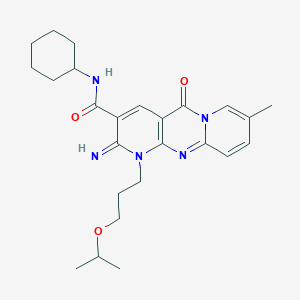 molecular formula C25H33N5O3 B11148648 N-cyclohexyl-6-imino-13-methyl-2-oxo-7-(3-propan-2-yloxypropyl)-1,7,9-triazatricyclo[8.4.0.03,8]tetradeca-3(8),4,9,11,13-pentaene-5-carboxamide 