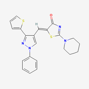 molecular formula C22H20N4OS2 B11148758 (5Z)-5-{[1-phenyl-3-(thiophen-2-yl)-1H-pyrazol-4-yl]methylidene}-2-(piperidin-1-yl)-1,3-thiazol-4(5H)-one 