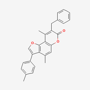 molecular formula C27H22O3 B11151279 8-benzyl-4,9-dimethyl-3-(4-methylphenyl)-7H-furo[2,3-f]chromen-7-one 