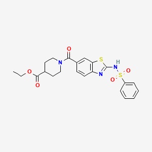 molecular formula C22H23N3O5S2 B11151769 Ethyl 1-({2-[(phenylsulfonyl)amino]-1,3-benzothiazol-6-yl}carbonyl)-4-piperidinecarboxylate 