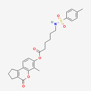 molecular formula C26H29NO6S B11152259 6-Methyl-4-oxo-1,2,3,4-tetrahydrocyclopenta[c]chromen-7-yl 6-{[(4-methylphenyl)sulfonyl]amino}hexanoate 