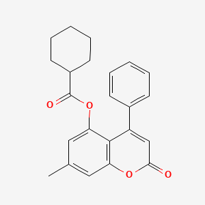 molecular formula C23H22O4 B11156092 7-methyl-2-oxo-4-phenyl-2H-chromen-5-yl cyclohexanecarboxylate 